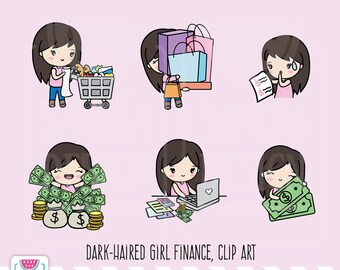 Dark-Haired Girl Finance, Clipart, Chibi Girl, Personal and commercial use