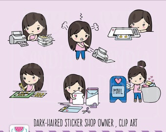 Dark-Haired Girl Sticker Shop Owner, Clipart, Print and Cut Stickers, Chibi Girl, Personal and comercial use
