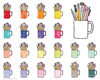 45 Doodle Cup with pens and pencils Clipart. Personal and comercial use.