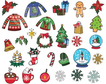 May include: A set of 20 Christmas-themed illustrations in a cartoon style. The illustrations include a snowman, a gingerbread man, a Christmas tree, a wreath, a stocking, a snowflake, a bell, a candy cane, a mitten, a mug of hot chocolate, a Christmas ornament, a gift, a poinsettia, a sweater, and a snow globe.
