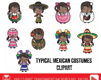 AFRICAN-AMERICAN, Chibi girl, Typical Mexican Costumes, Doodle Clipart, Fiesta Mexicana, Viva México, Clipart, Personal and comercial use