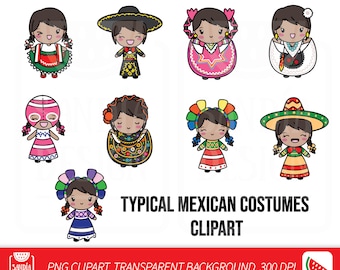 BRUNETTE, Chibi girl, Typical Mexican Costumes, Doodle Clipart, Fiesta Mexicana, Viva México, Clipart, Personal and comercial use