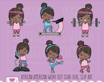 African-American Workout, Clipart, Chibi Girl, Personal and commercial use
