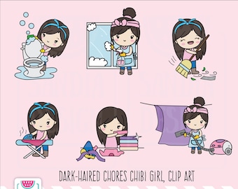 Dark-Haired Chores, Clipart, Chibi Girl, Personal and commercial use