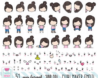 CHIBI MAKER EMOJI, Dark-Haired Girl, Clipart, Chibi Girl, Personal and commercial use