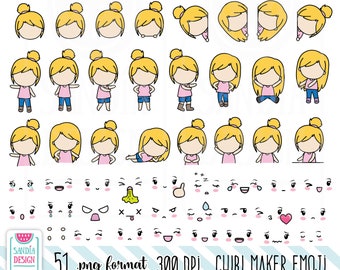 CHIBI MAKER EMOJI, Blond Girl, Clipart, Chibi Girl, Personal and comercial use