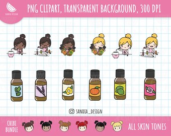 Chibi, Oil scents, Girls Bundle Clipart, all skin and hair tones. Chibi Girl. Personal and commercial use