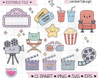 Kawaii Movie Night Clipart. Movie Time Clipart, SVG, EPS, personal and commercial use.