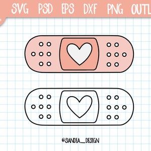 Pode incluir: Duas ligaduras adesivas, uma em rosa com um coração branco, a outra em contorno preto. As ligaduras têm pequenos círculos em cada lado. O texto no topo diz "SVG PSD EPS DXF PNG OUTLINE". Design de SANDIA DESIGN.