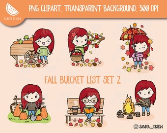 Redhead Fall Bucket List Set 2, Clipart, Autumn Chibi Girl, Personal and comercial use