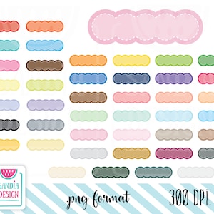Puede incluir: Una colección de elementos de diseño digital coloridos, con bordes festoneados, en varios colores, incluyendo rosa, azul, amarillo y verde. Cada elemento tiene un borde cosido. La imagen también incluye el texto "png format" y "300 DPI."