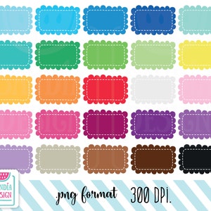 May include: A collection of rectangular labels in various colors, each with a scalloped border and a white dotted line. The labels include shades of blue, green, yellow, orange, pink, purple, brown, and black. The text "png format 300 DPI" is also present.