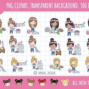 Chibi, Chibi cleaning, Cleaning , Girls Bundle Clipart, all skin and hair tones. Chibi Girl. Personal and commercial use