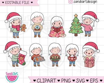Christmas Girl Clipart, Chibi girl, PNG, EPS, SVG, Personal and Commercial use