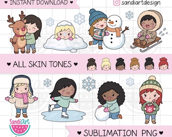 WINTER Chibi Bundle Clipart, all Skin tones, SUBLIMATION PNG, Digital Stickers, Goodnotes Stickers, Personal and Commercial use