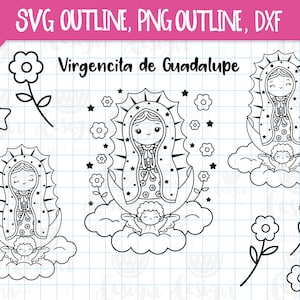 Puede incluir: Ilustración en blanco y negro de línea de arte de la Virgen de Guadalupe, una figura religiosa, con un ángel. El texto "Virgencita de Guadalupe" está escrito encima de la imagen.