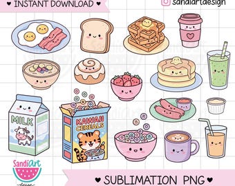 Kawaii BREAKFAST Clipart, SUBLIMATION PNG, Personal and Commercial use