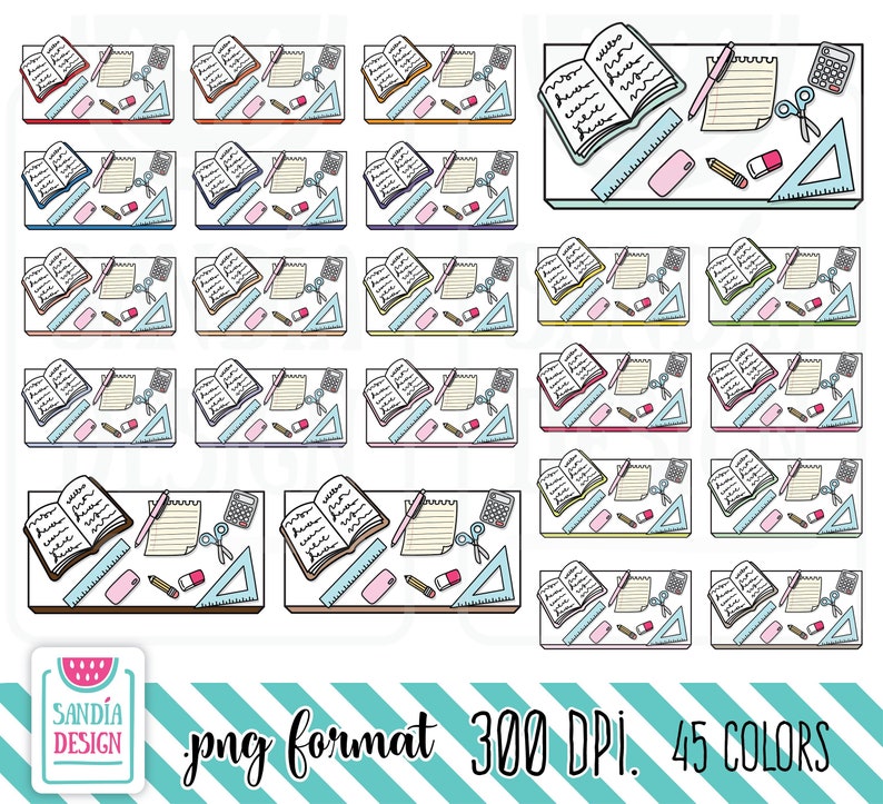 May include: A collection of colorful, illustrated stickers featuring school supplies. Each sticker shows a desk with a notebook, pen, pencil, eraser, calculator, ruler, and scissors. The stickers are labeled "png format 300 DPI. 45 COLORS."
