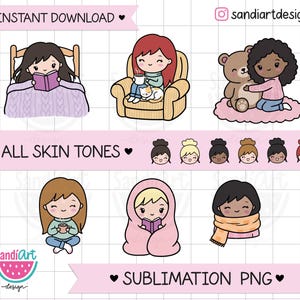 Pode incluir: Um conjunto de ilustrações digitais com personagens de desenhos animados em ambientes aconchegantes, incluindo ler na cama, sentar em uma cadeira com um gato e abraçar um ursinho de pelúcia. Inclui texto: INSTANT DOWNLOAD, sandiartdesign, ALL SKIN TONES, SUBLIMATION PNG.