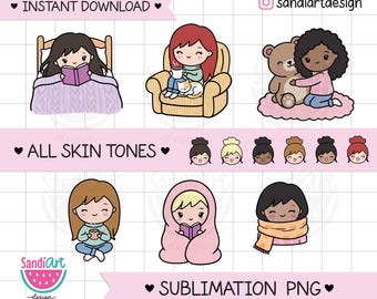 COZY Chibi Bundle Clipart, all Skin tones, SUBLIMATION PNG, Digital Stickers, Goodnotes Stickers, Personal and Commercial use