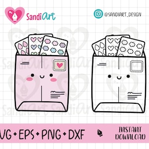 Pode incluir: Um download digital de dois envelopes de desenho animado fofinhos com um rosto feliz. Um envelope é rosa e o outro é branco. Ambos os envelopes estão cheios de adesivos coloridos, incluindo corações, gotas de chuva e nuvens. O texto "@SANDIART_DESIGN" está no canto superior direito da imagem.