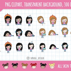 Chibi feelings, moods Girls Bundle Clipart, all skin and hair tones. Chibi Girl. Personal and commercial use