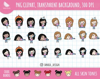 Chibi feelings, moods Girls Bundle Clipart, all skin and hair tones. Chibi Girl. Personal and commercial use