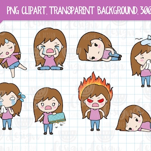 Puede incluir: Una colección de ilustraciones de dibujos animados que representan varios estados emocionales. Los personajes, con cabello castaño y vistiendo tops rosas y pantalones azules, expresan sentimientos como tristeza, ira y enfermedad. La imagen incluye el texto "PNG CLIPART, TRANSPARENT BACKGROUND, 300 DPI."