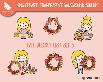 Blonde Fall Bucket List Set 3, Clipart, Autumn Chibi Girl, Personal and comercial use
