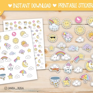Printable Stickers Sheet, Printable Planner Stickers. Doodle Kawaii Weather. For personal use.