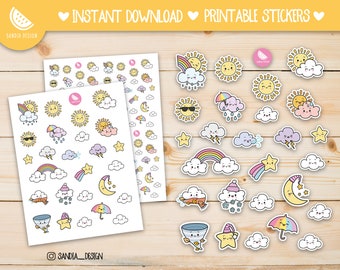 Printable Stickers Sheet, Printable Planner Stickers. Doodle Kawaii Weather. For personal use.