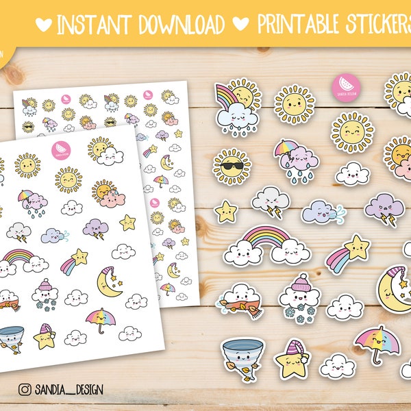 Printable Stickers Sheet, Printable Planner Stickers. Doodle Kawaii Weather. For personal use.