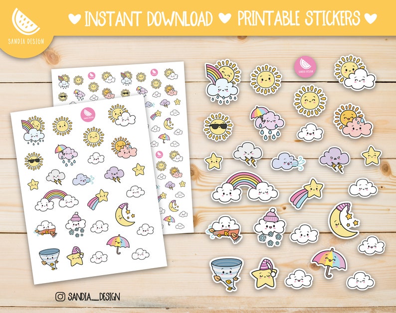 Printable Stickers Sheet, Printable Planner Stickers. Doodle Kawaii Weather. For personal use. image 1