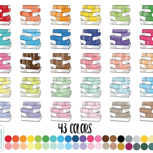 Puede incluir: Ilustración de pilas de libros coloridos en varios tonos, incluyendo rojo, naranja, amarillo, verde, azul y rosa. Cada pila tiene un lomo blanco y un contorno negro. La imagen incluye el texto "43 COLORS" y una paleta de colores.