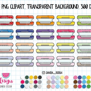 Puede incluir: Una colección de 20 imágenes prediseñadas coloridas de recipientes para sándwiches en varios colores, incluyendo rojo, naranja, amarillo, verde, azul, morado, rosa, melocotón y marrón. El texto "45 PNG CLIPART. TRANSPARENT BACKGROUND. 300 DPI" está en la parte superior.