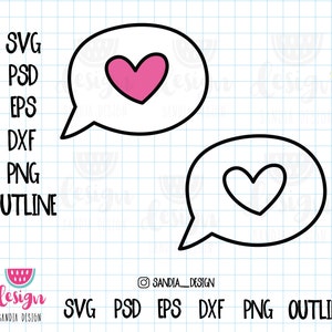 May include: Two black and white speech bubbles with a heart inside each. The heart in the top bubble is pink. The heart in the bottom bubble is white.