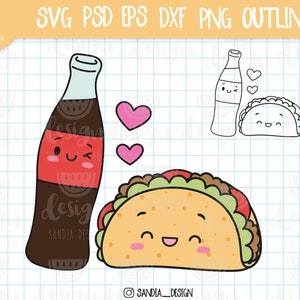 May include: A cartoon illustration of a soda bottle and a taco with smiling faces and hearts around them. The soda bottle is brown with a red label and the taco is yellow with green lettuce and brown meat. The text "Sandia Design" is at the bottom of the image.
