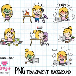 Può includere: Illustrazione digitale di un personaggio biondo in varie pose stressate, che utilizza un laptop e caffè. Il personaggio è mostrato con un laptop in fiamme, sopraffatto dalle carte ed esausto. Il testo "PNG TRANSPARENT BACKGROUND" è incluso.