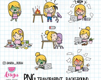 Blond girl Clipart, Work, Overworked, Stressed, Angry, Chibi, Chibi girls, girls clipart, Clipart, Clipart png, PNG file.