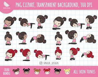 Chibi, Chibi yoga, Yoga, Girls Bundle Clipart, all skin and hair tones. Chibi Girl. Personal and commercial use