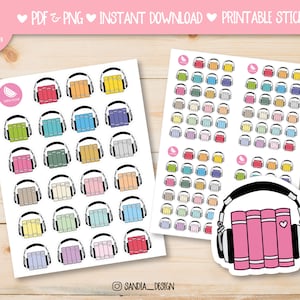 Printable Stickers Sheet, Printable Planner Stickers. Doodle audiobook, book stickers. For personal use.