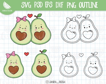 Niedliches Avocado-Pärchen, SVG, PNG, PSD, Umriss, für private und kommerzielle Nutzung