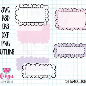 May include: Four scalloped rectangle frames with a white background and black outlines. The frames are in different sizes and are layered on top of each other. The top frame is pink, the second frame is light purple, the third frame is a darker purple, and the bottom frame is white.