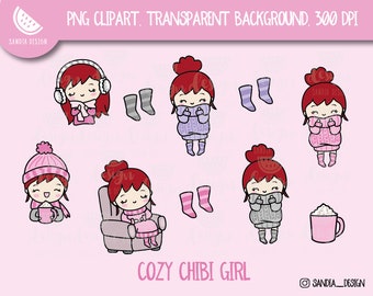 Redhead Cozy Chibi Girl, Clipart, Chibi Girl, Personal and comercial use