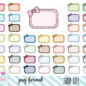Puede incluir: Una colección de pegatinas rectangulares coloridas con esquinas redondeadas y un lazo en la parte superior izquierda. Cada pegatina tiene un color diferente, incluyendo rosa, azul, amarillo y marrón. El texto "png format" y "300 DPI" también es visible.