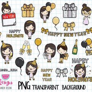 Puede incluir: Una ilustración digital con personajes de dibujos animados celebrando el Año Nuevo y las fiestas. La imagen incluye copas de champán, globos, cajas de regalo y texto que dice "Felices Fiestas" y "Feliz Año Nuevo".