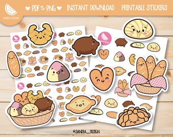 Printable Stickers Sheet, Doodle Kawaii Sweet Bread Stickers, Doodle bread set stickers, Mexican food stickers. For personal use.
