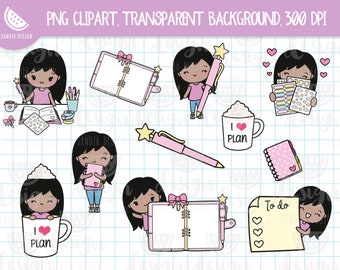 Chibi Planner Girl, Bundle Clipart, Brunette Chibi Girl.