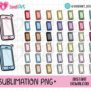 Puede incluir: Un conjunto de 36 imágenes de clipart digital de un teléfono inteligente de dibujos animados que suena en varios colores. El teléfono está delineado en negro y tiene una pantalla blanca. Los colores incluyen rosa, azul, rojo, verde, amarillo, naranja, marrón y morado.