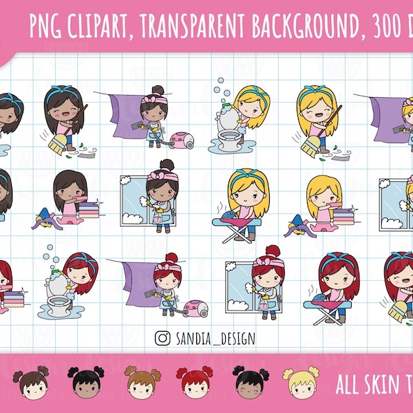 Chibi , Chibi Chores, Girls Bundle Clipart, all skin and hair tones. Chibi Girl. Personal and comercial use